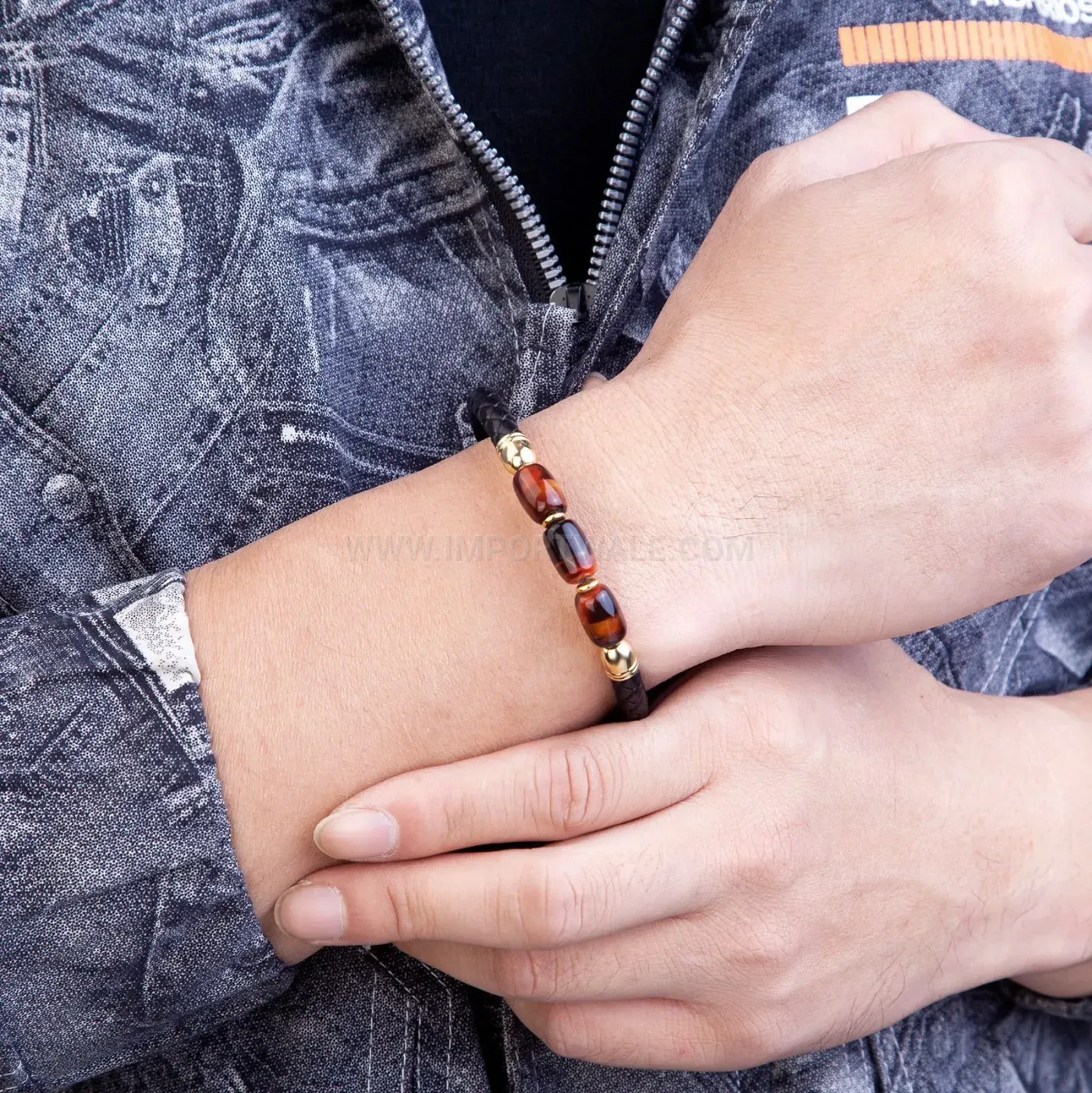 Natural Stone Cylinder Leather Bracelet with Stainless Steel Clasp