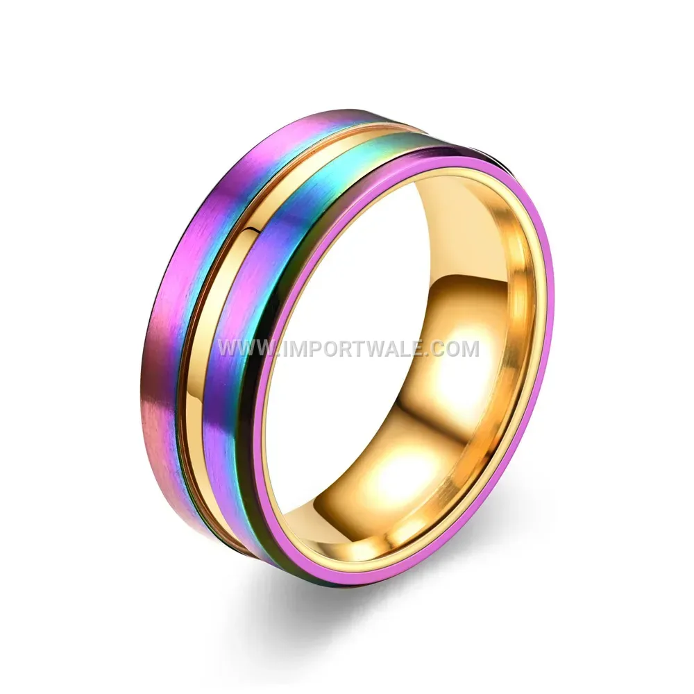 Gold Plated Stainless Steel Grooved Ring with Vibrant Colored Band