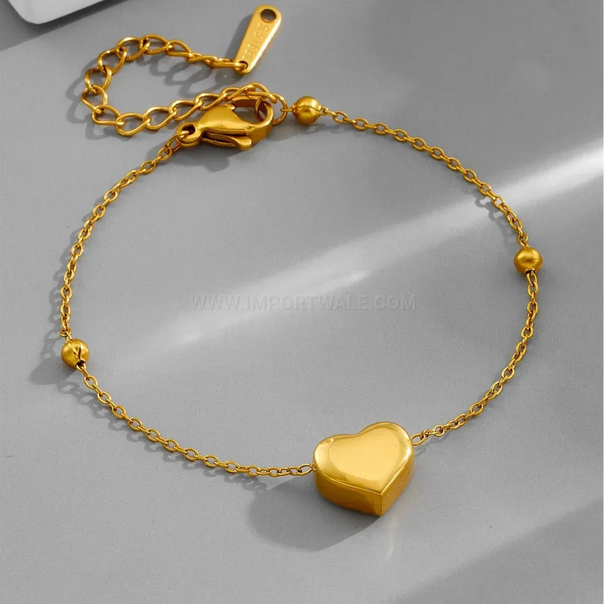 Titanium Steel Bead Accent Heart Charm Bracelet
