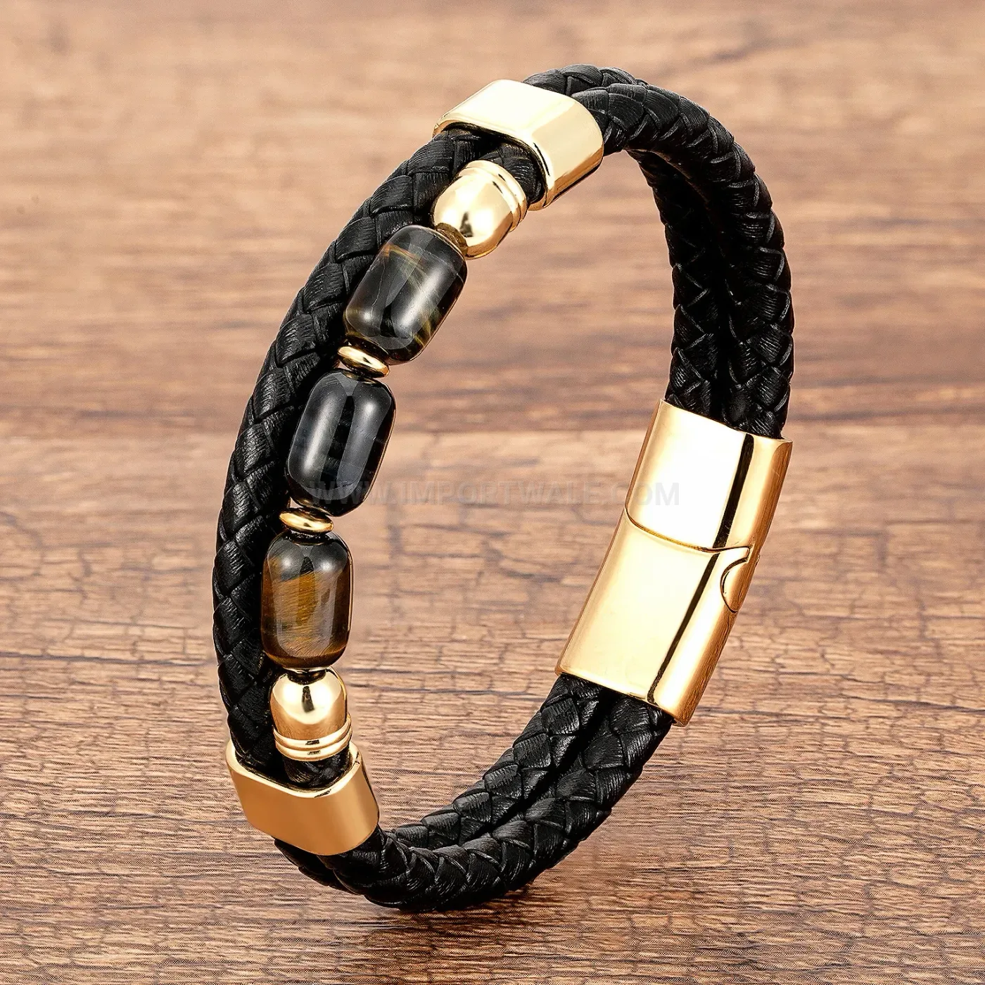 Braided Leather Tiger Eye Natural Stone Wristband Stainless Steel Clasp