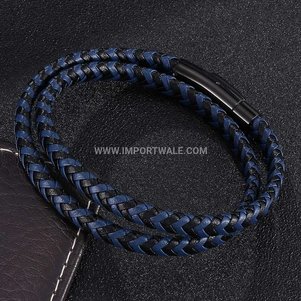 Dual Strand Braided Leather Stainless Steel Magnetic Clasp Bracelet