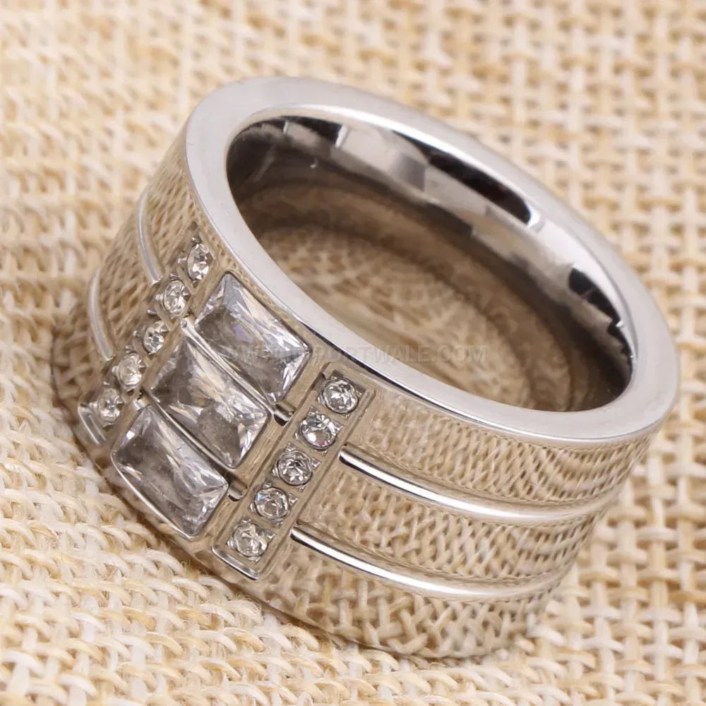 Wide Triple Row Zirconia Splice Stainless Steel Ring