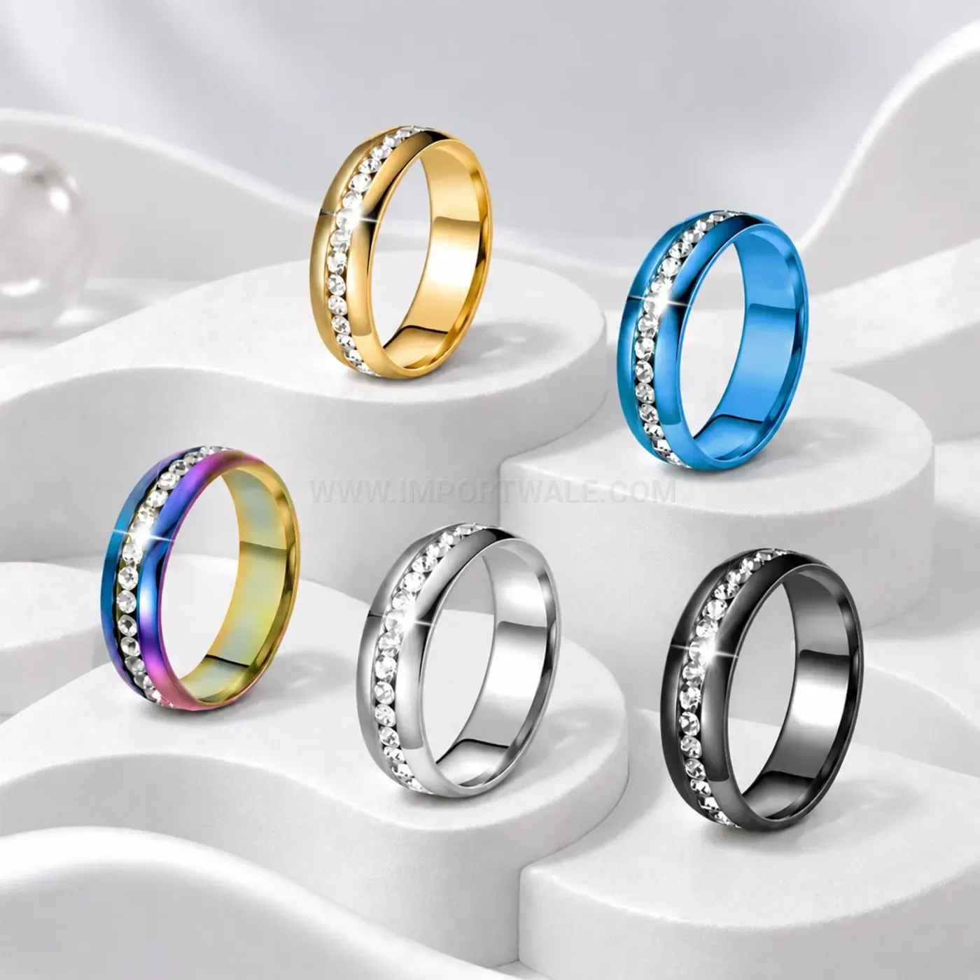 Stainless Steel Rhinestone Inlaid Single Row Band Ring