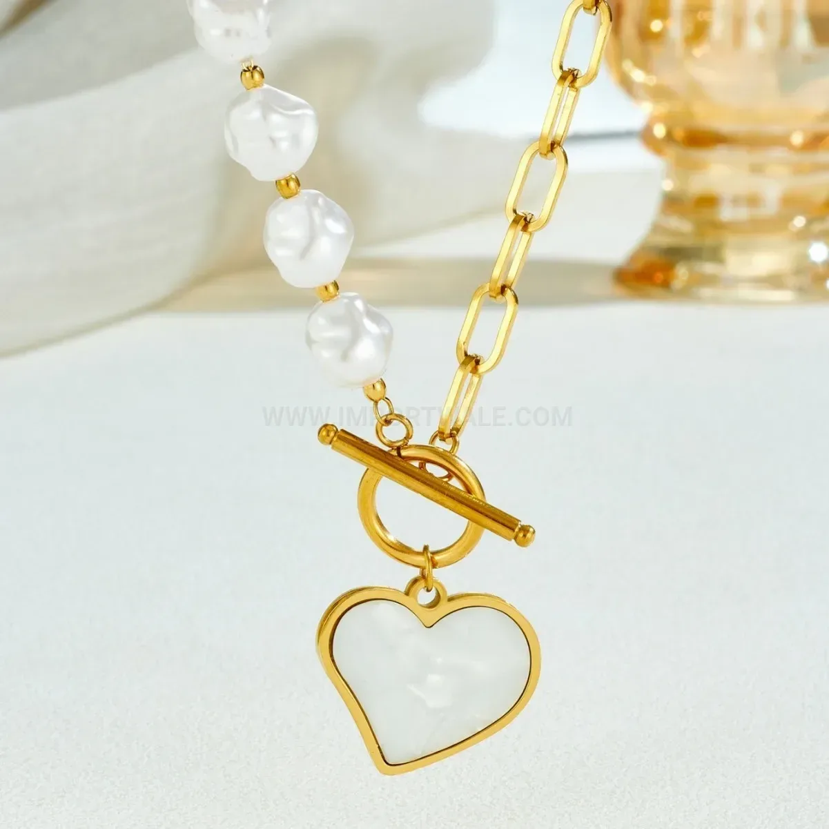 Mother of Pearl Heart Imitation Pearl Stainless Steel Necklace
