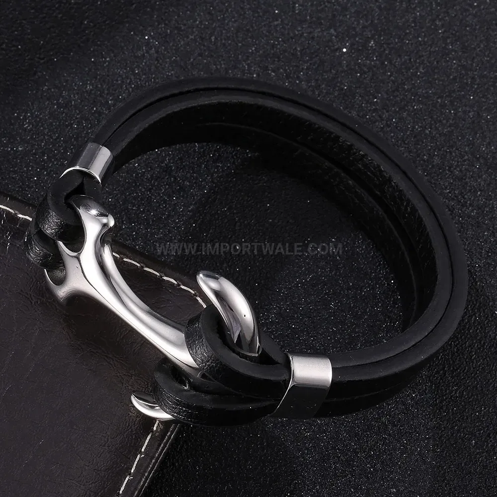 Multi-Strand Leather Wristband With Stainless Steel Anchor Motif Clasp