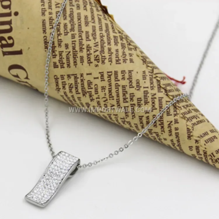 Silver Stainless Steel Rectangular Rhinestone Pendant Necklace