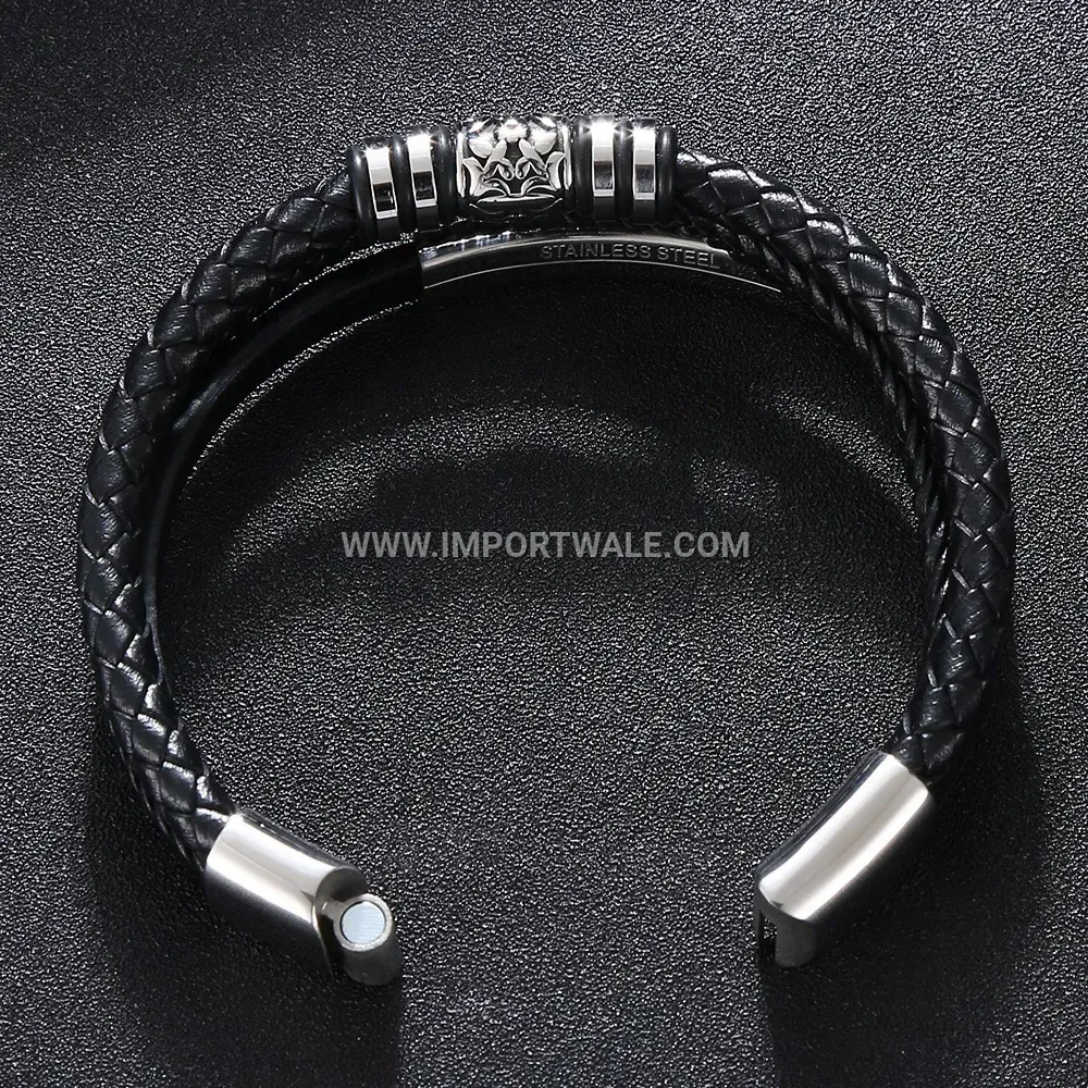 Multi Layer Braided Leather Wristband with Stainless Steel Accents