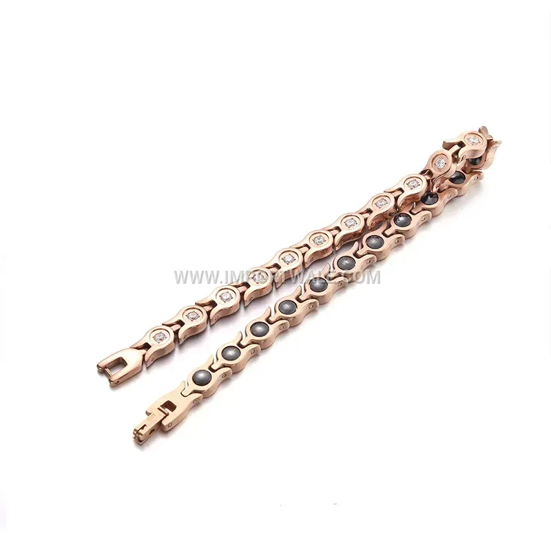 Rose Gold Titanium Steel Rhinestone Magnetic Energy Bracelet