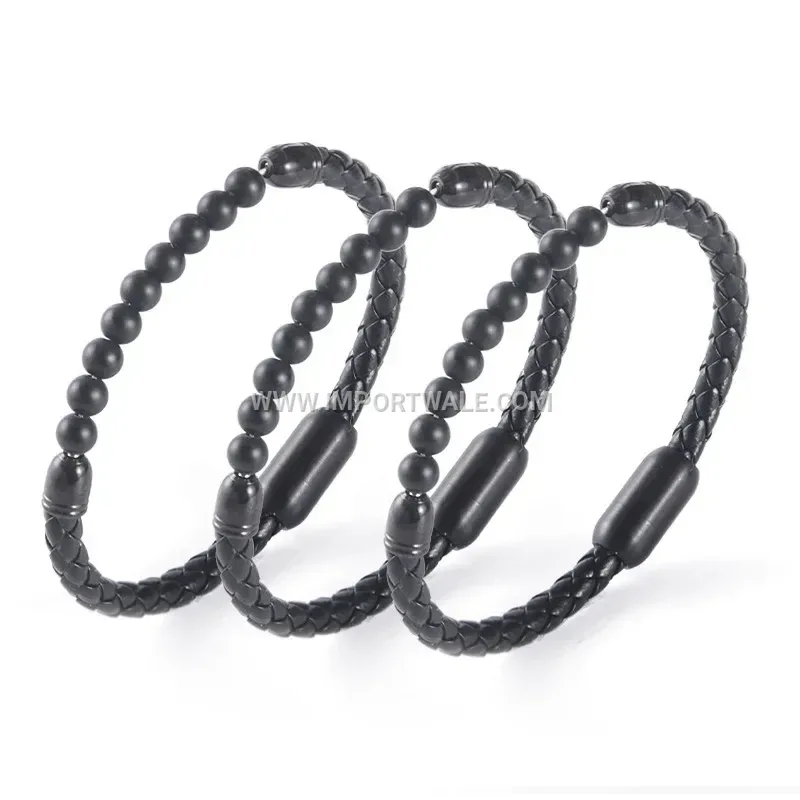 Braided Leather and Stainless Steel Magnetic Clasp Bracelet