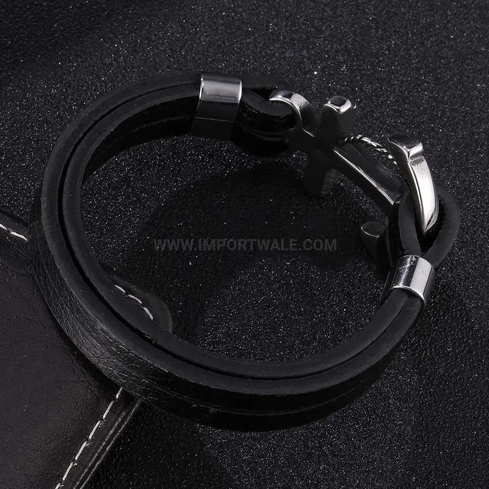 Vintage Anchor Leather Bracelet with Stainless Steel Accents