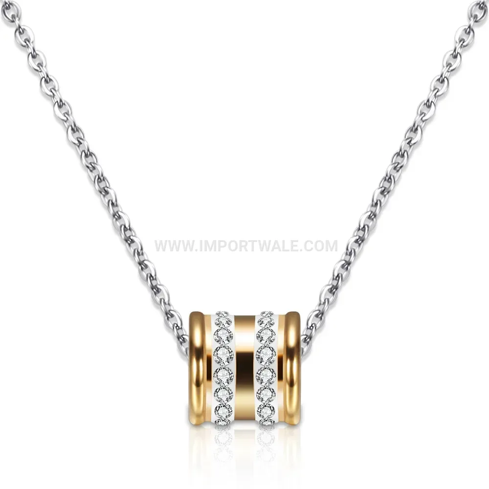 Stainless Steel Double Row Rhinestone Round Pendant Collar Necklace