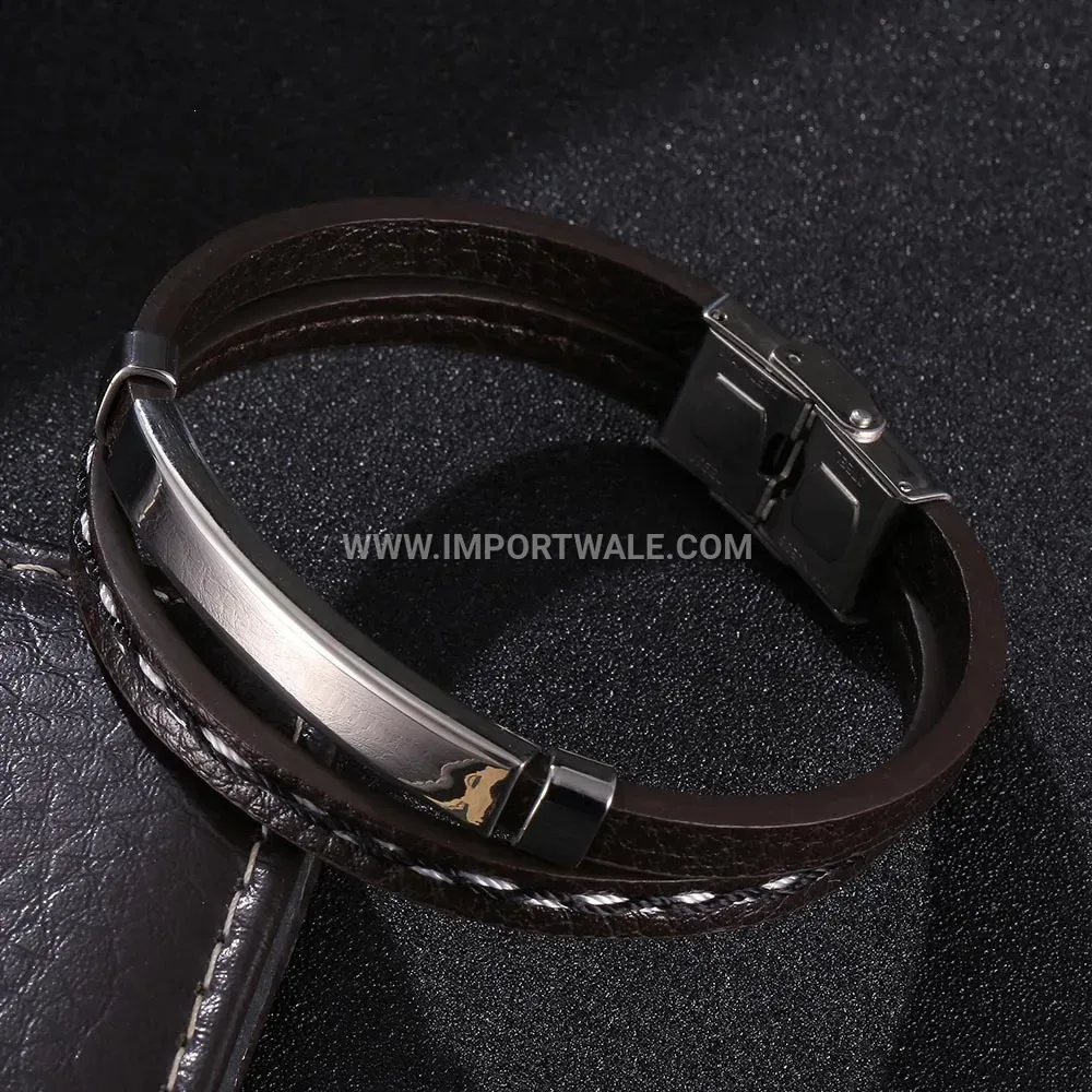 Woven Brown PU Leather Stainless Steel Accent Bangle