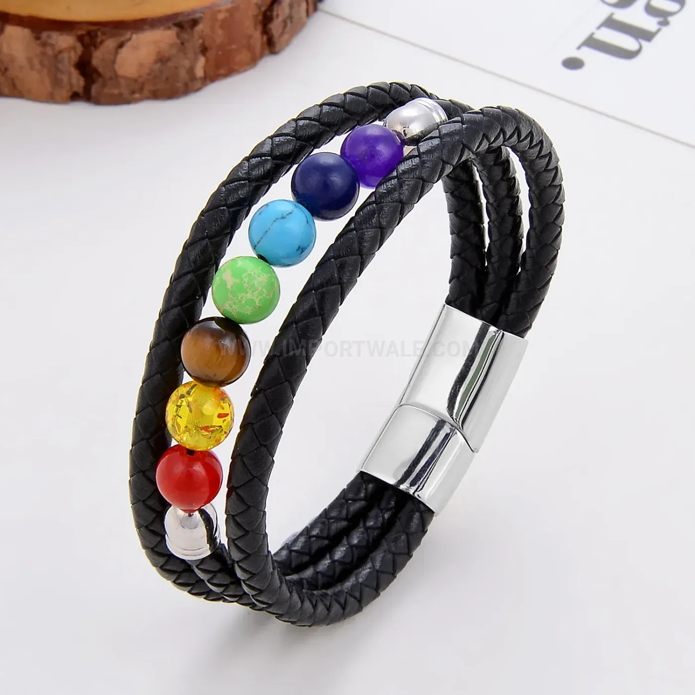 Colorful Stone Beaded Leather Rope Bracelet with Magnetic Clasp