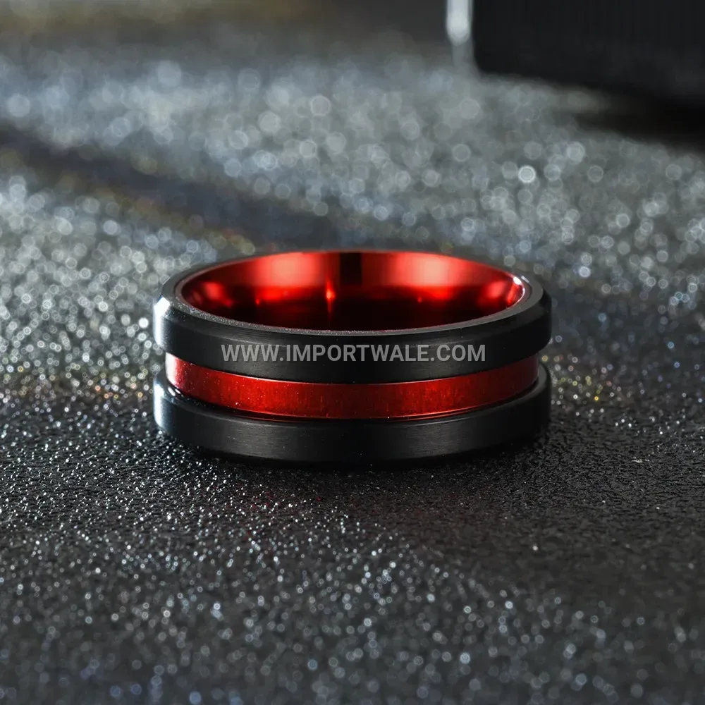 Two-Tone Red and Black Stainless Steel Grooved Band Ring