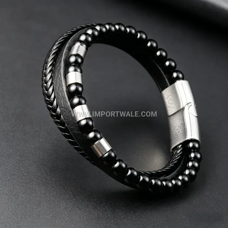 Dual Strand Braided Leather Wrap Bracelet for Men