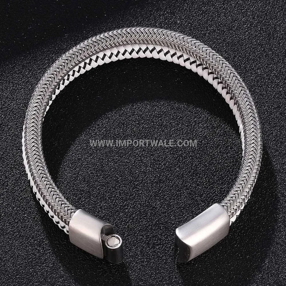 Braided Leather and Steel Wire Men's Statement Wristband Bracelet