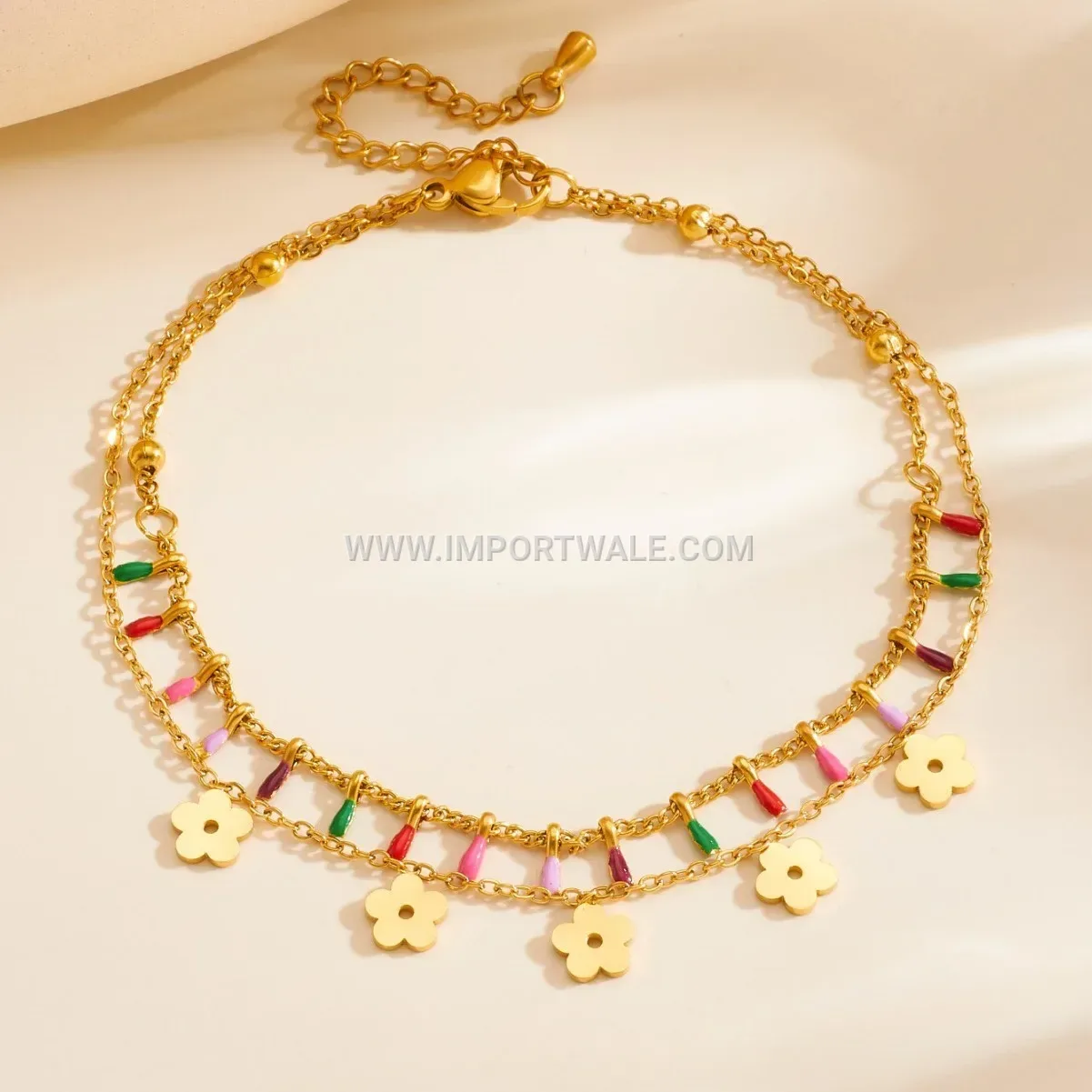 Layered Floral Stainless Steel Charm Anklet