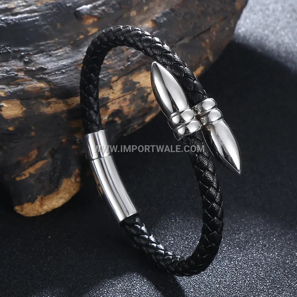 Woven Leather Bracelet with Stainless Steel Bullet Accent