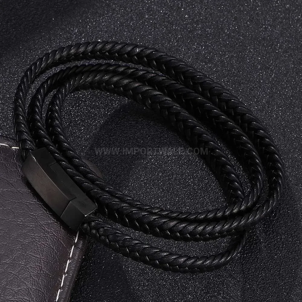 Multi Strand Leather Wrap Bracelet with Stainless Steel Accents