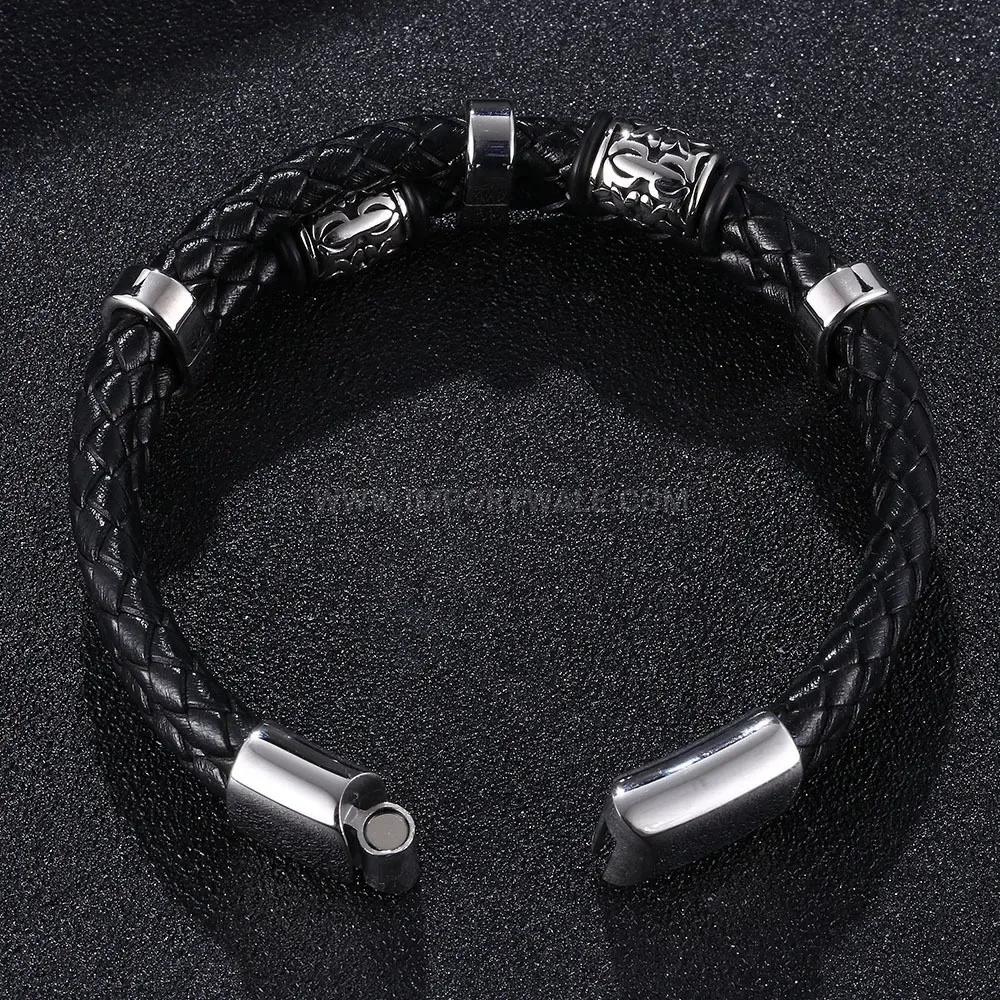 Men's Viking Style Braided Leather Bead Bracelet in Stainless Steel
