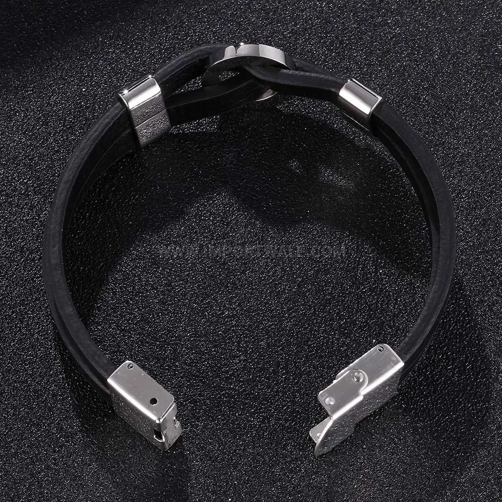 Gemstone Inlaid Leather Stainless Steel Circular Accent Bracelet