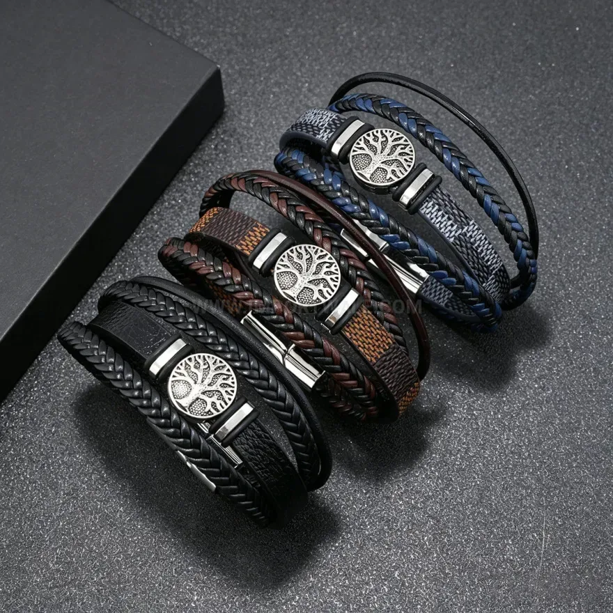 Modern Multi-Layer Braided Tree of Life Leather Wristband
