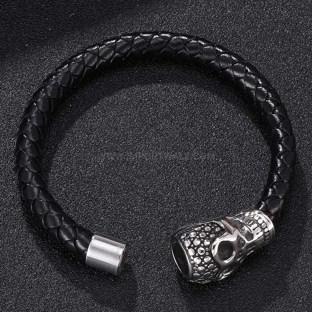 Retro Skull Stainless Steel Magnetic Leather Wristband