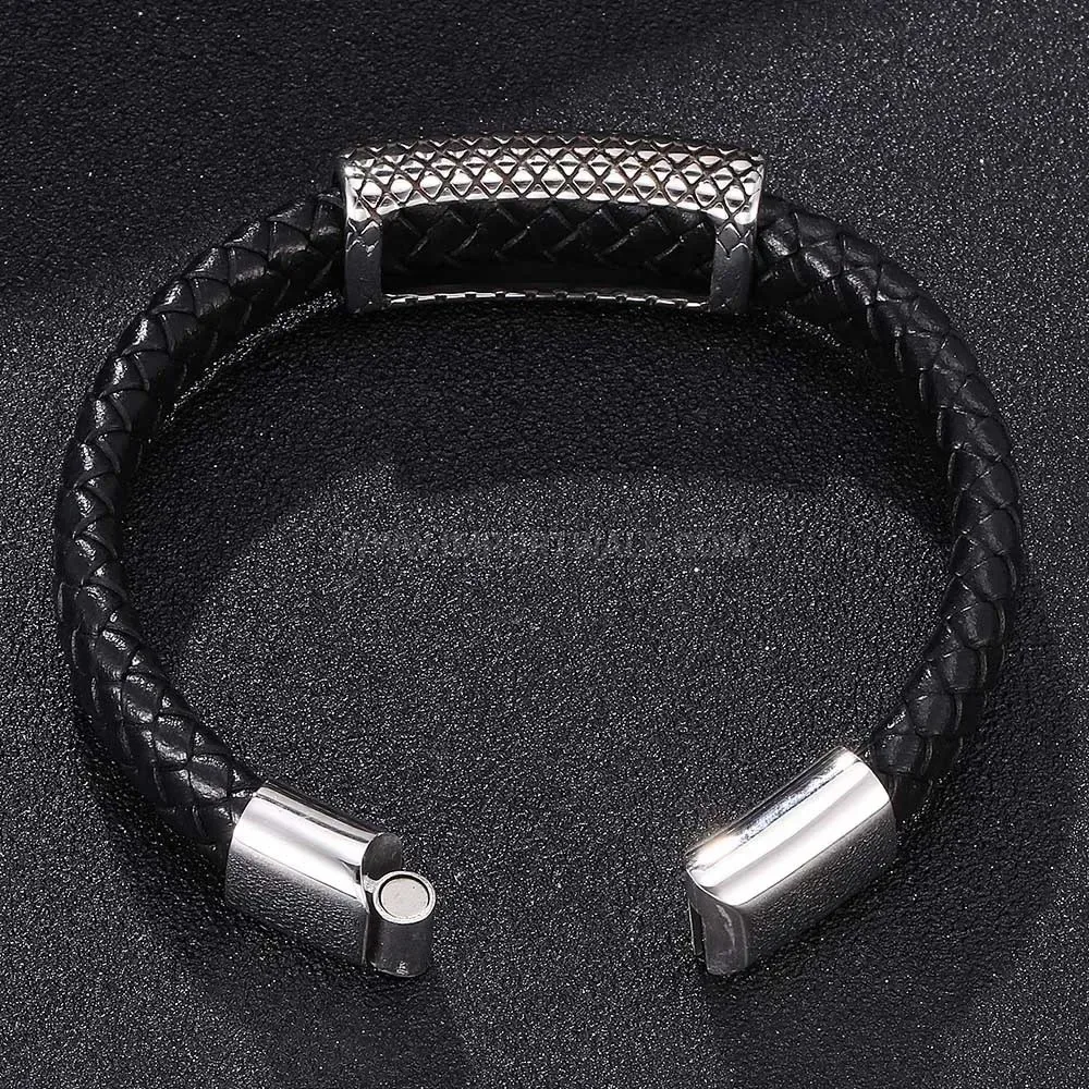 Vintage Punk Style Black Leather Bracelet with Stainless Steel Magnetic Clasp