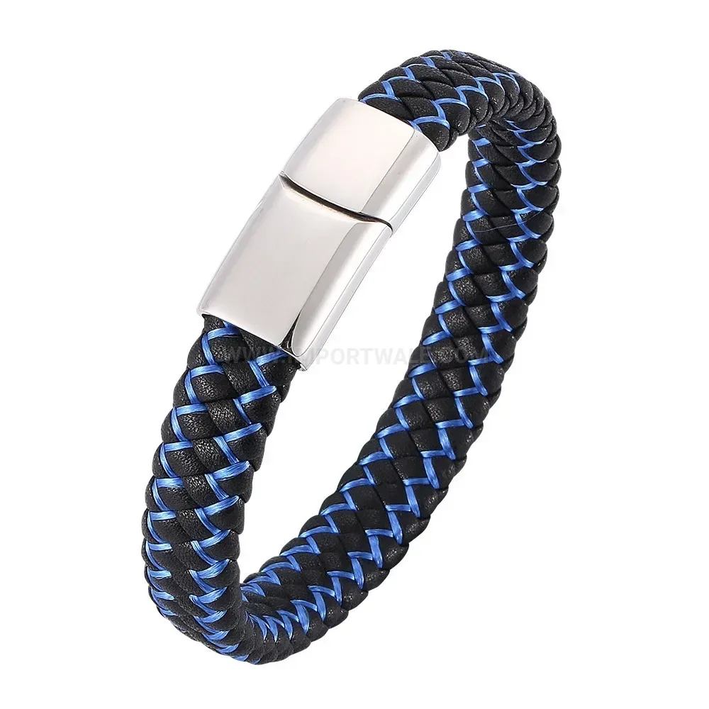 Threaded Leather Cord Bracelet with Stainless Steel Magnetic Clasp