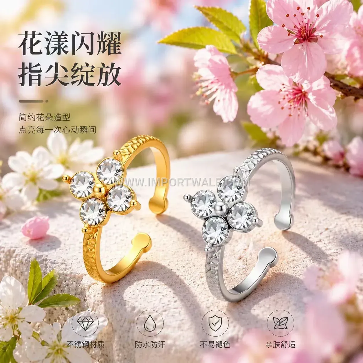 Hammered Stainless Steel Four-Leaf Clover Open Ring with Cubic Zirconia