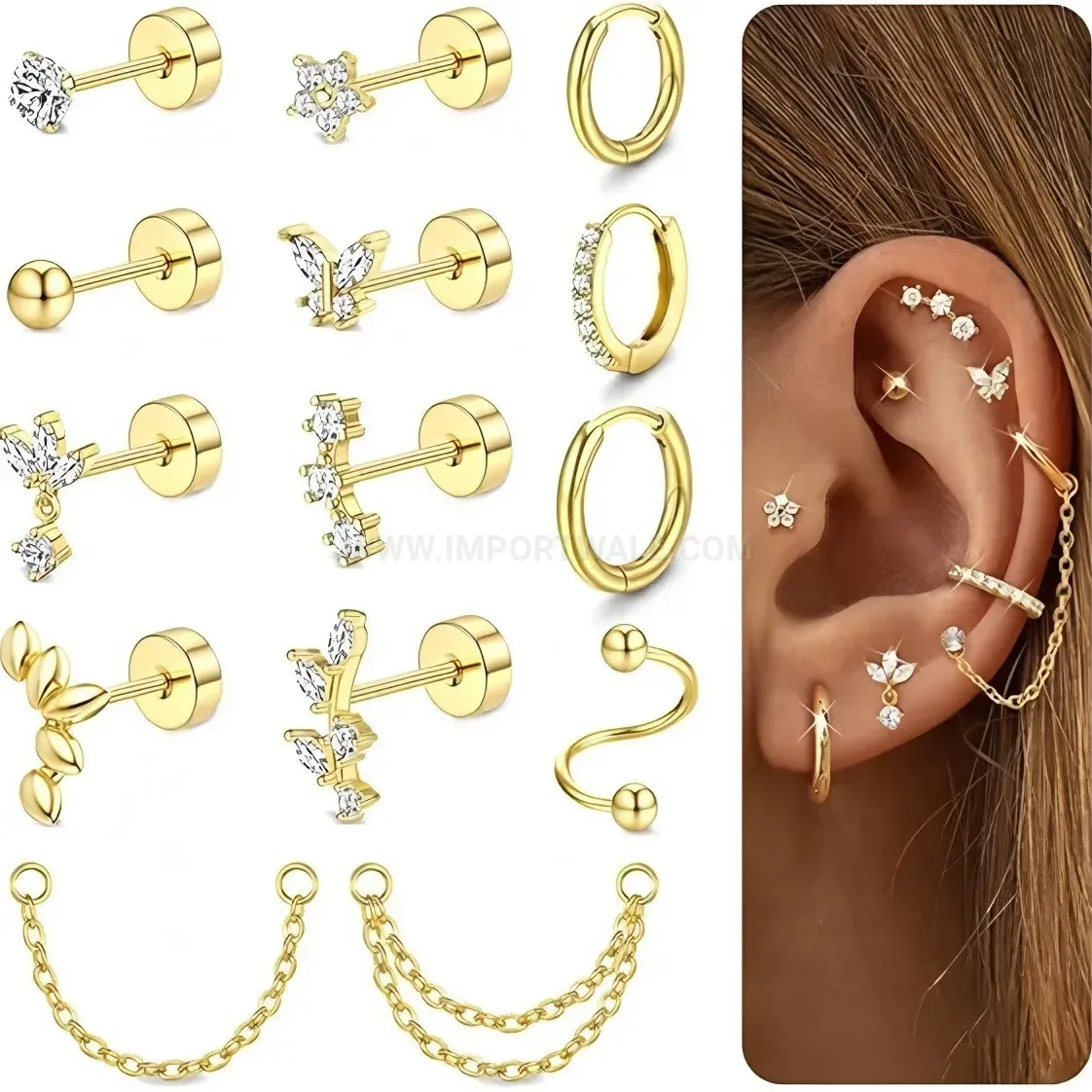 Chic Gold Plated Leaf Zircon Stainless Steel Earring Set