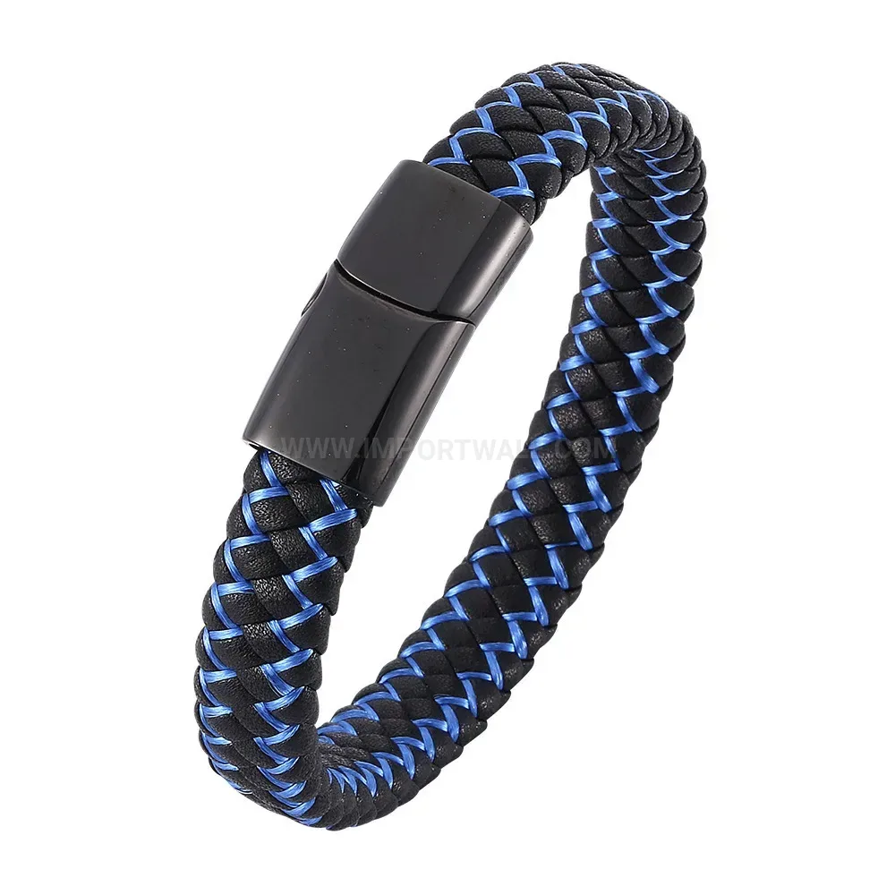 Dual Tone Leather Cord Wristband with Stainless Steel Magnetic Clasp