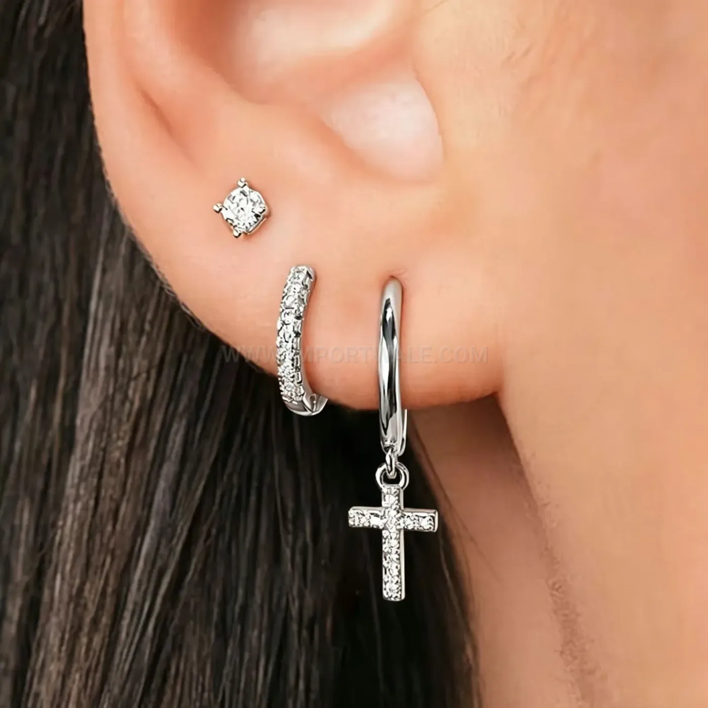 Bold Vintage Stainless Steel Rhinestone Cross Hoop Ear Cartilage Piercing Set