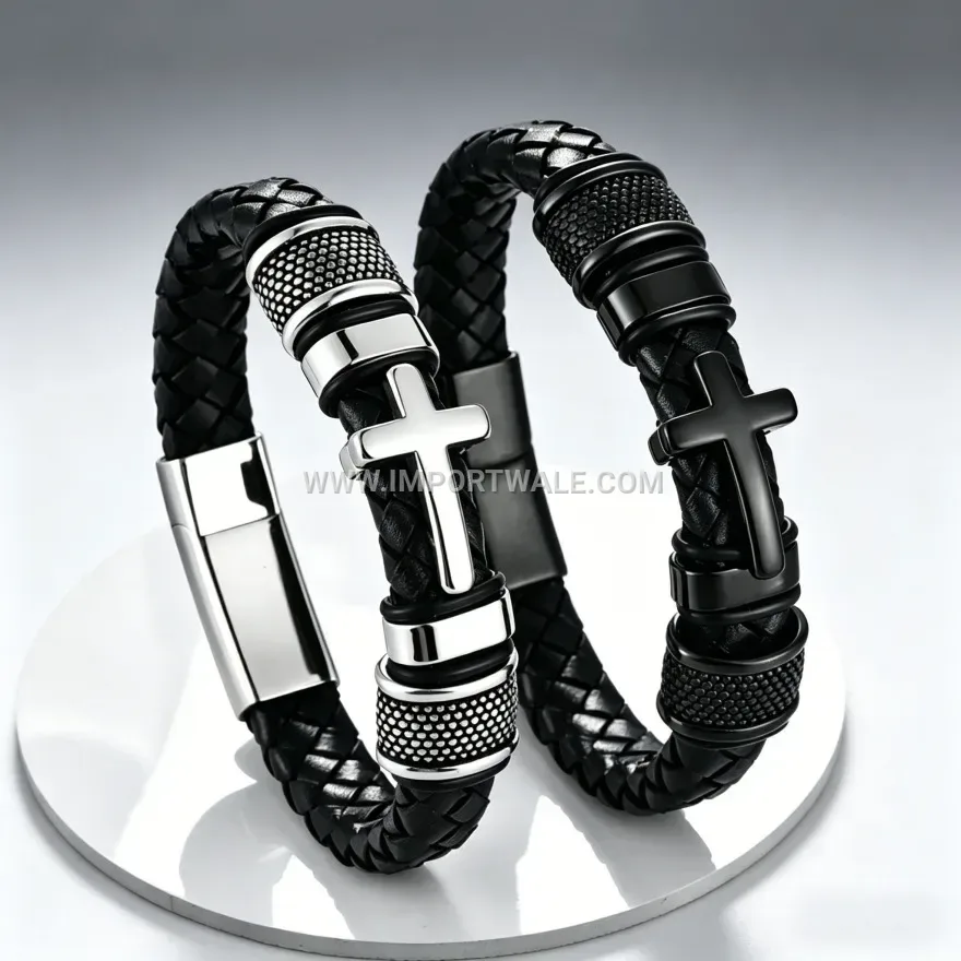 Multi-Ring Cross Accent Leather Wristband With Magnetic Clasp