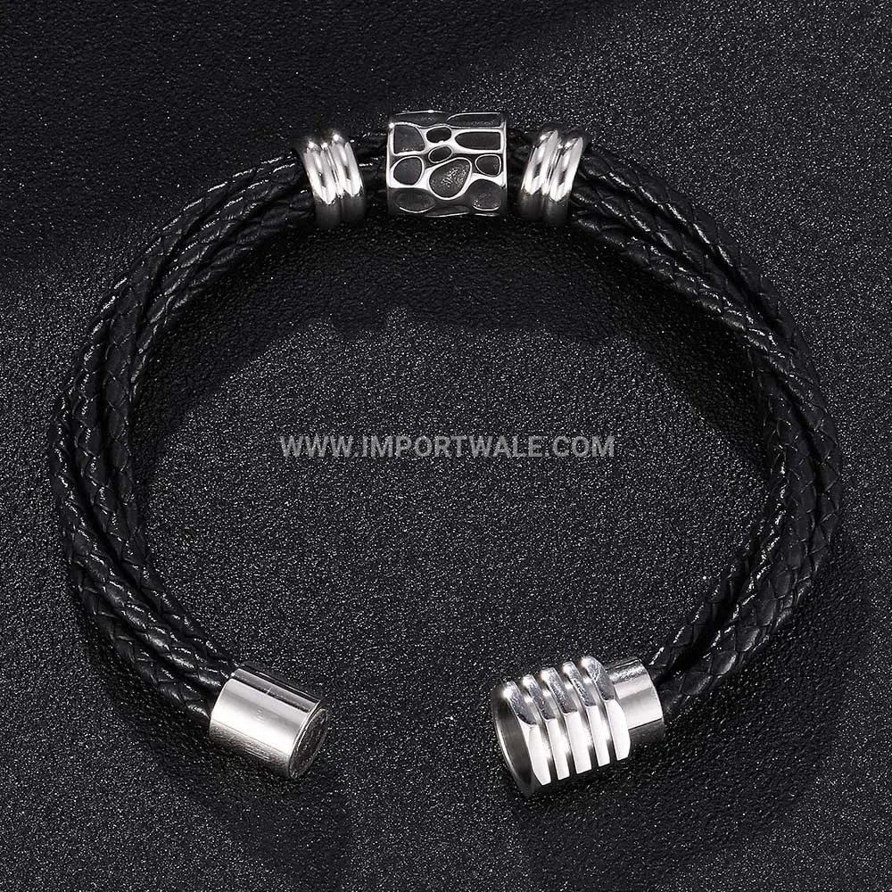 Multi Strand Braided Leather Wristband with Stainless Steel Hardware