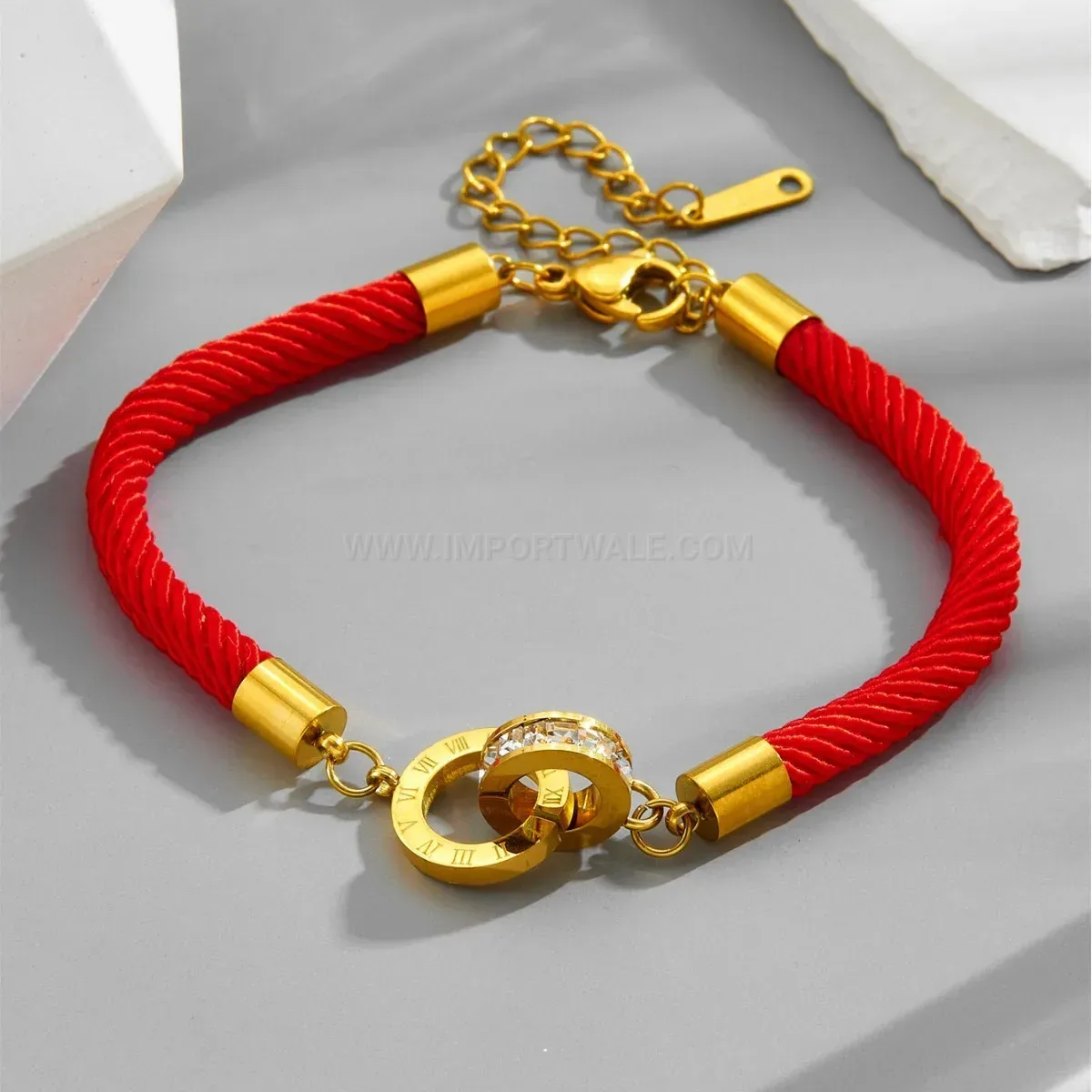 Woven Red Cord Roman Numeral Interlocking Double Ring Bracelet