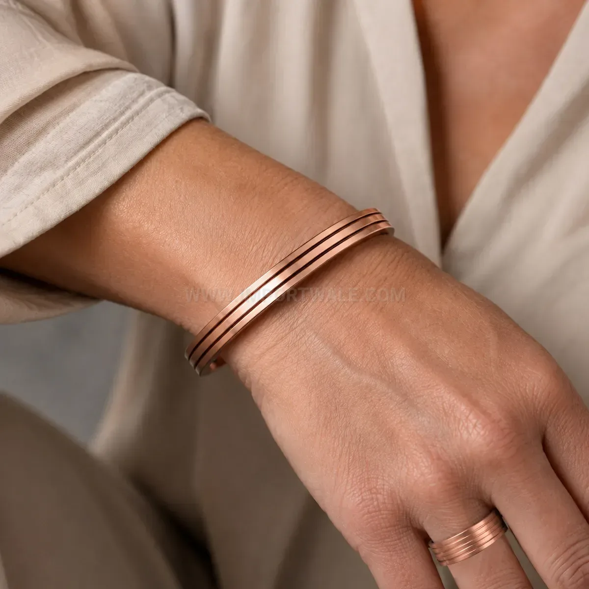Vintage Striped Red Copper Magnetic Open Cuff Bracelet