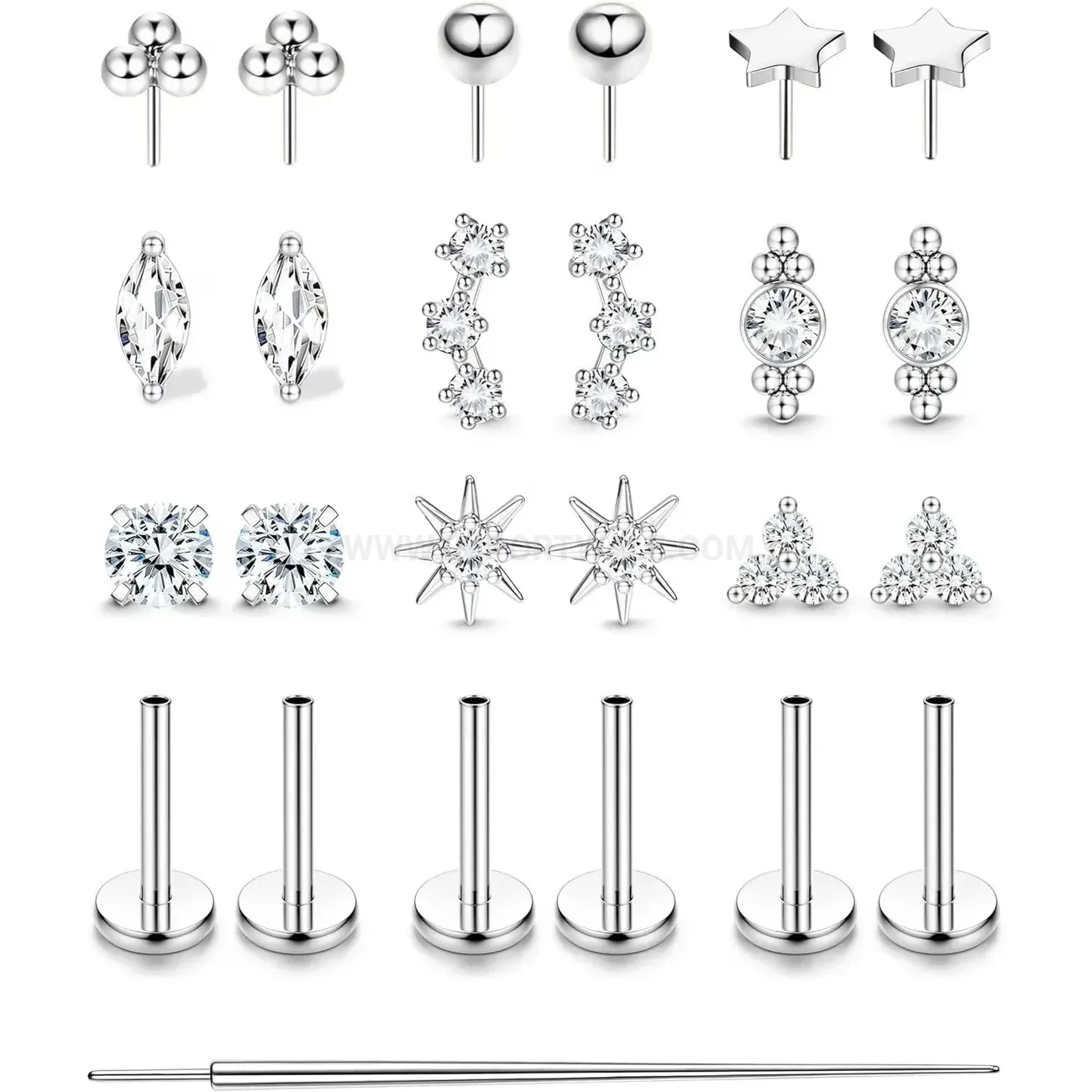 Trendy Crystal Accent Stainless Steel Flat Back Nose and Cartilage Set