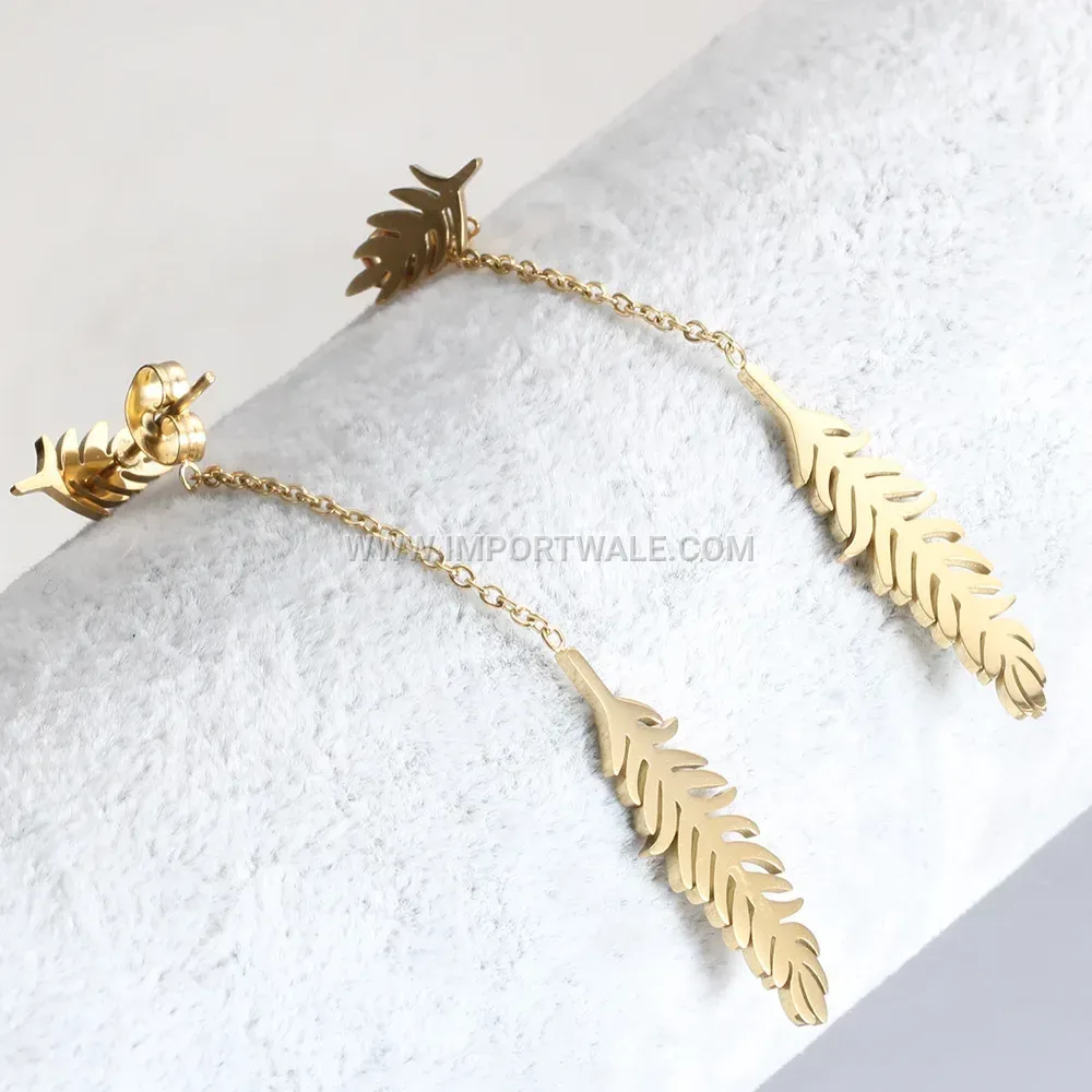 Gold Plated Stainless Steel Leaf Drop Earrings
