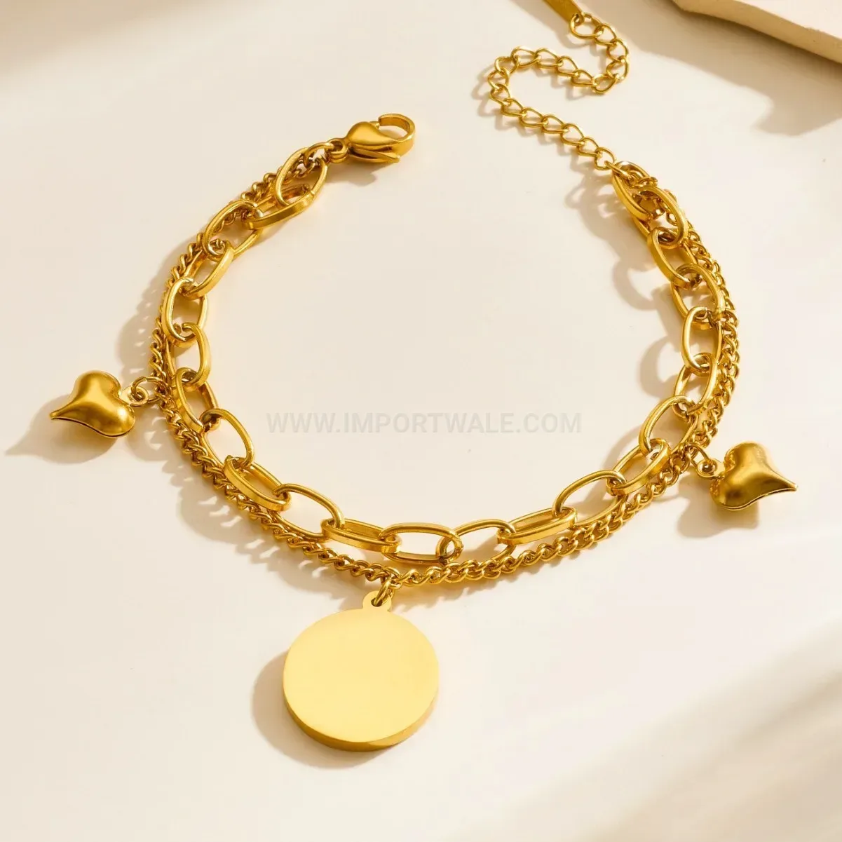 Double Layer Stainless Steel Gold-Plated Crystal Heart Disc Bracelet