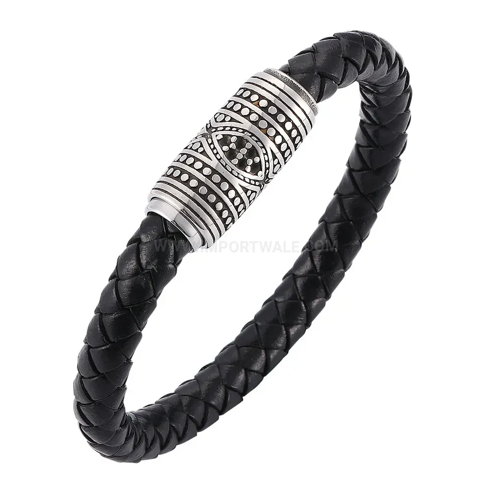 Geometric Stainless Steel Magnetic Leather Rope Bracelet