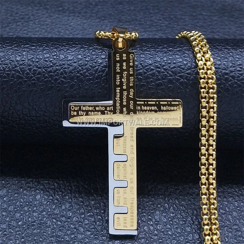Spliced Stainless Steel Cross Pendant Link Chain Necklace