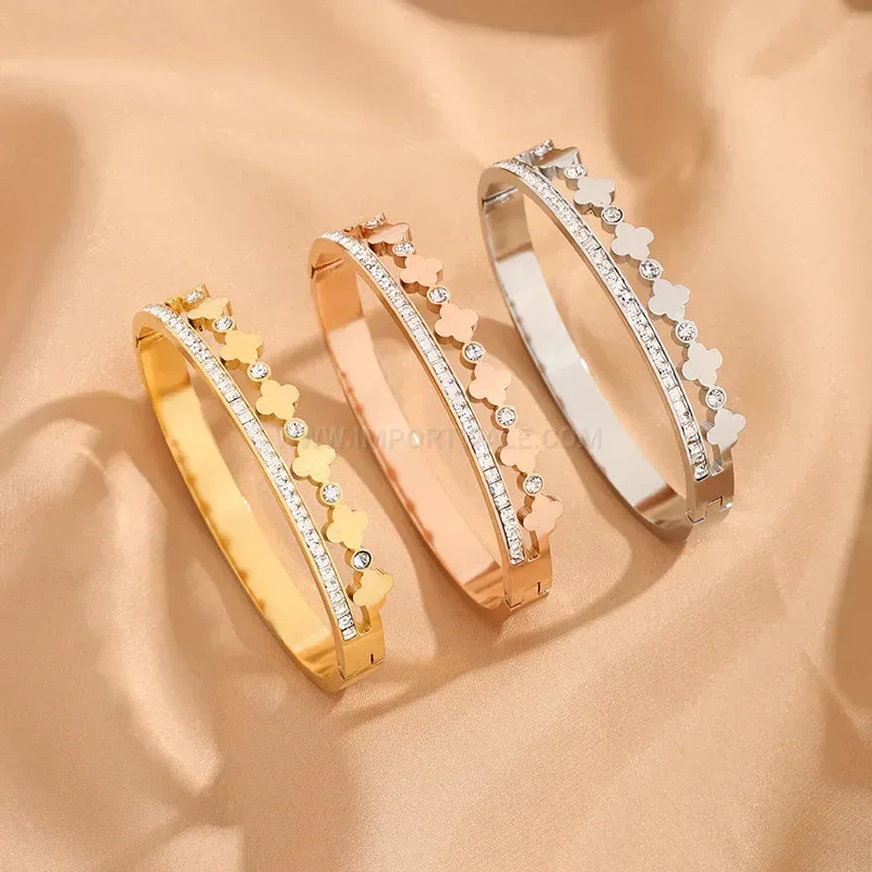 Four Leaf Clover Pave Open Bangle Bracelet