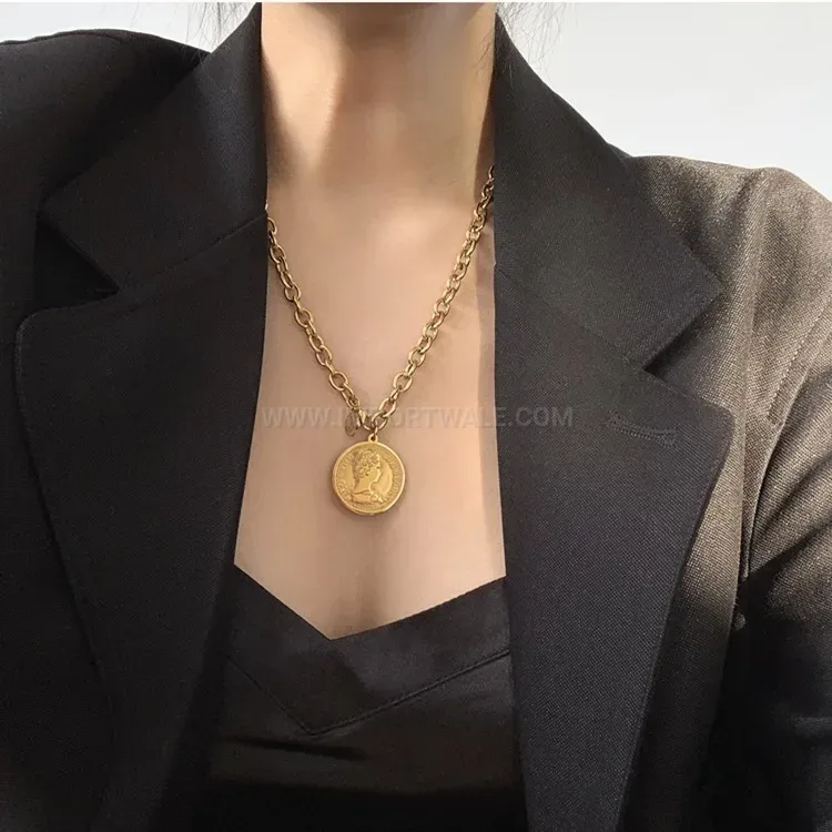 Vintage Portrait Coin Pendant Cuban Chain Titanium Steel Necklace