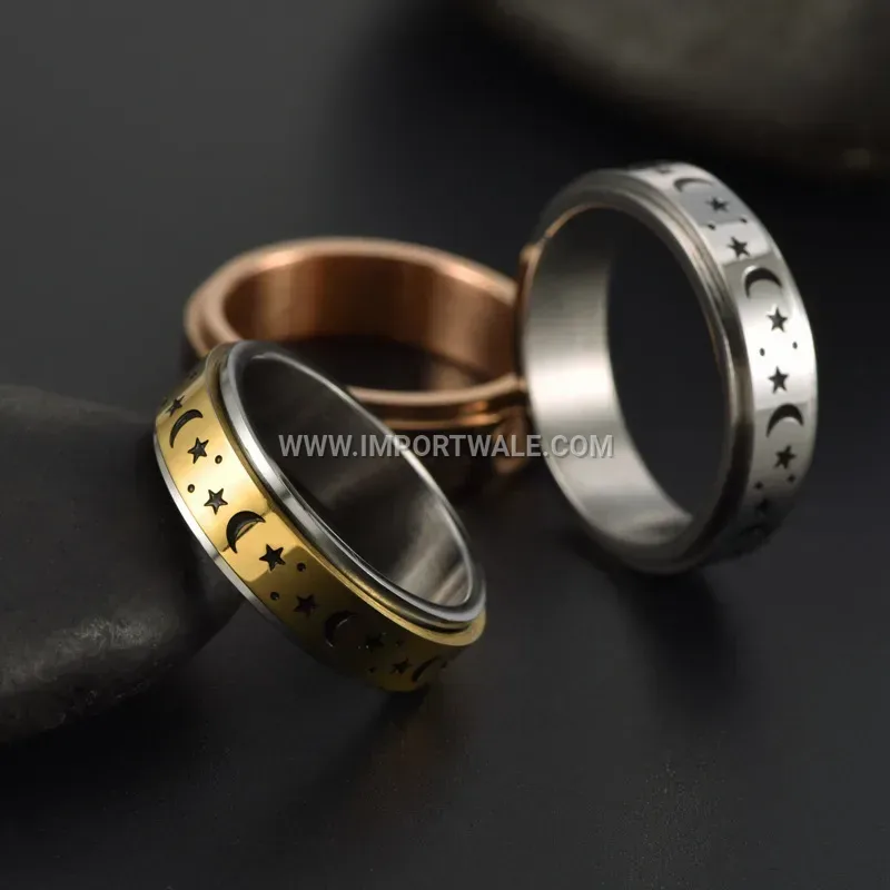 Spinning Stainless Steel Celestial Moon and Star Band Ring