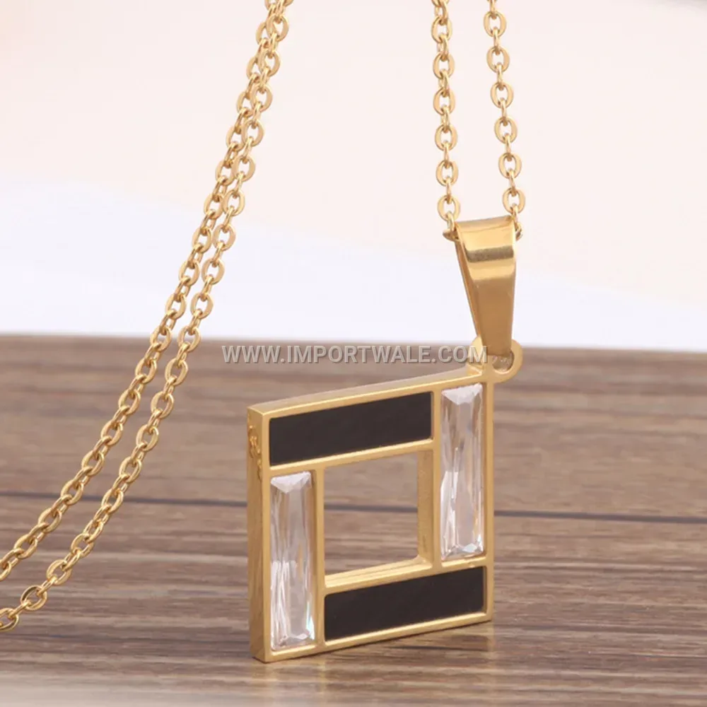 Vintage Square Hollow Drip Oil Zircon Stainless Steel Pendant Necklace