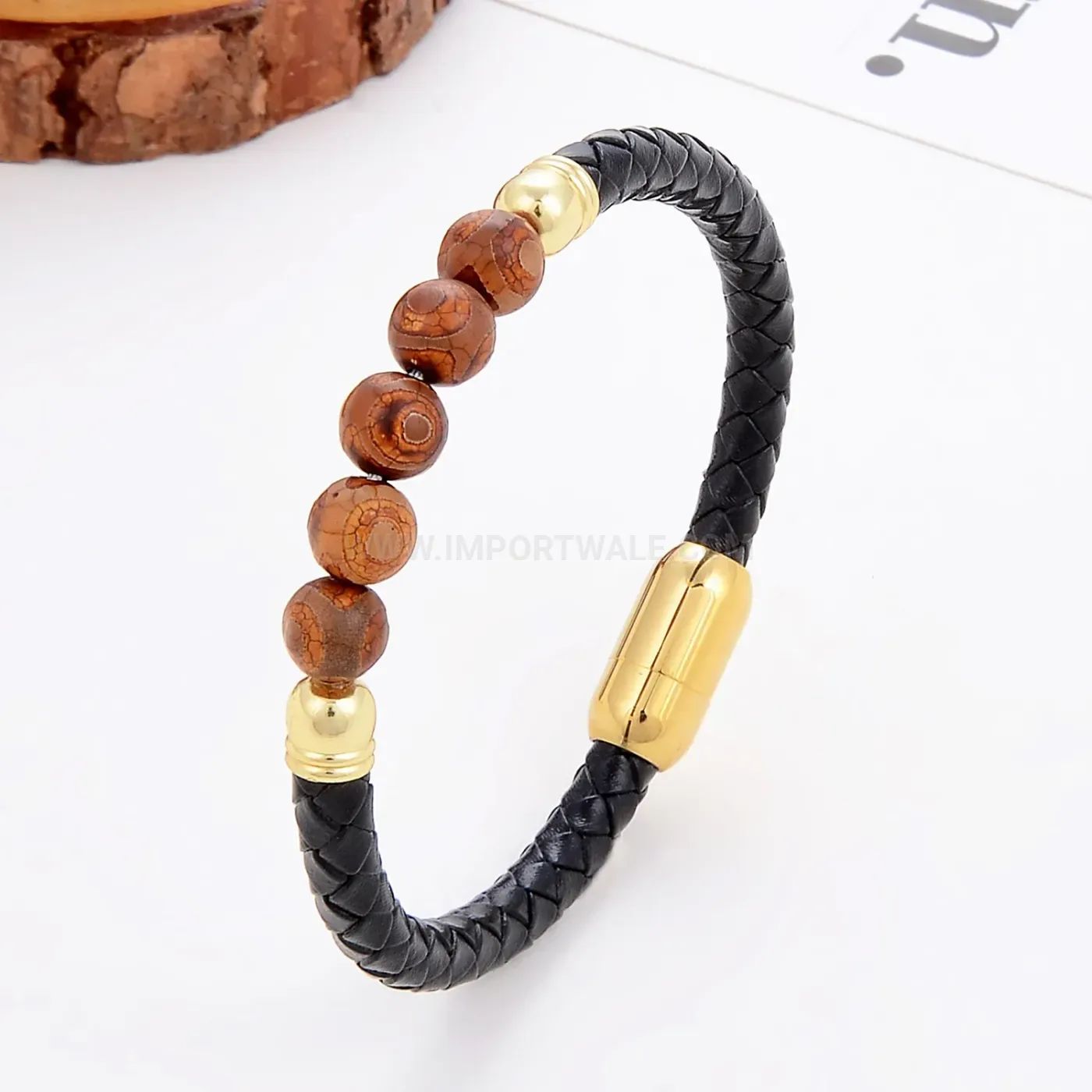 Braided Leather Natural Stone Beaded Wristband Stainless Steel Clasp