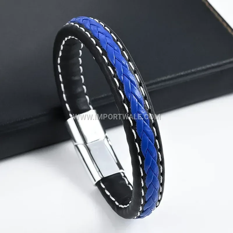 Multi Strand Woven Leather Wristband with Metallic Clasp