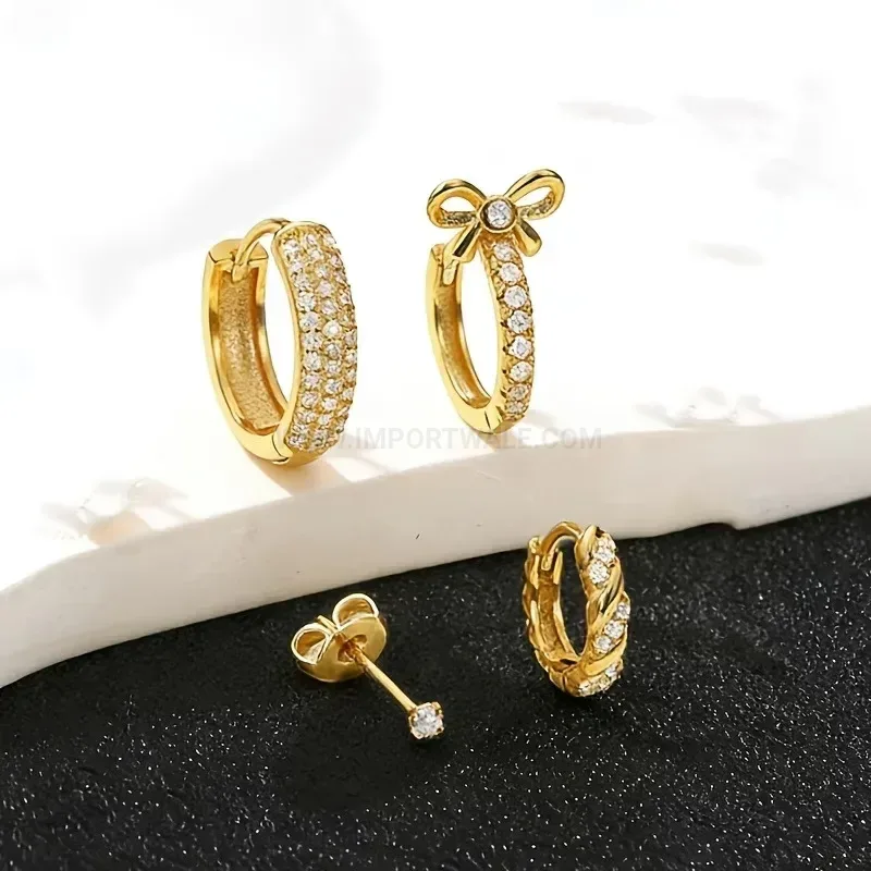 Modern Rhinestone Bow Twisted Stainless Steel Ear Cartilage Stud Set