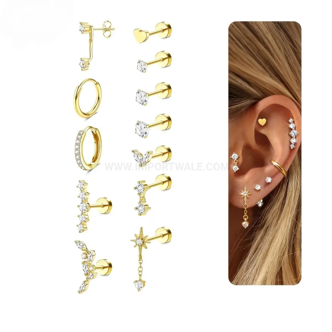 Delicate Stainless Steel Star Butterfly Rhinestone Dangle Cartilage Piercing Set